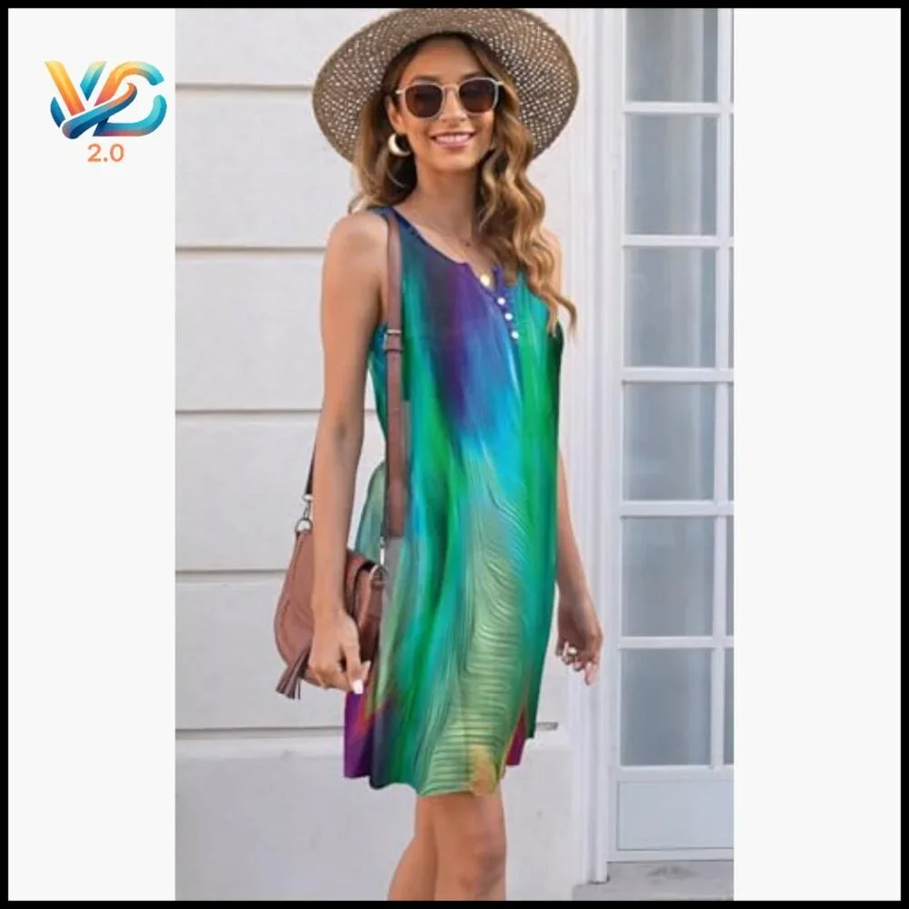 Women's Sleeveless V-Neck A-Line Dress with Pockets, Casual Boho Floral Summer